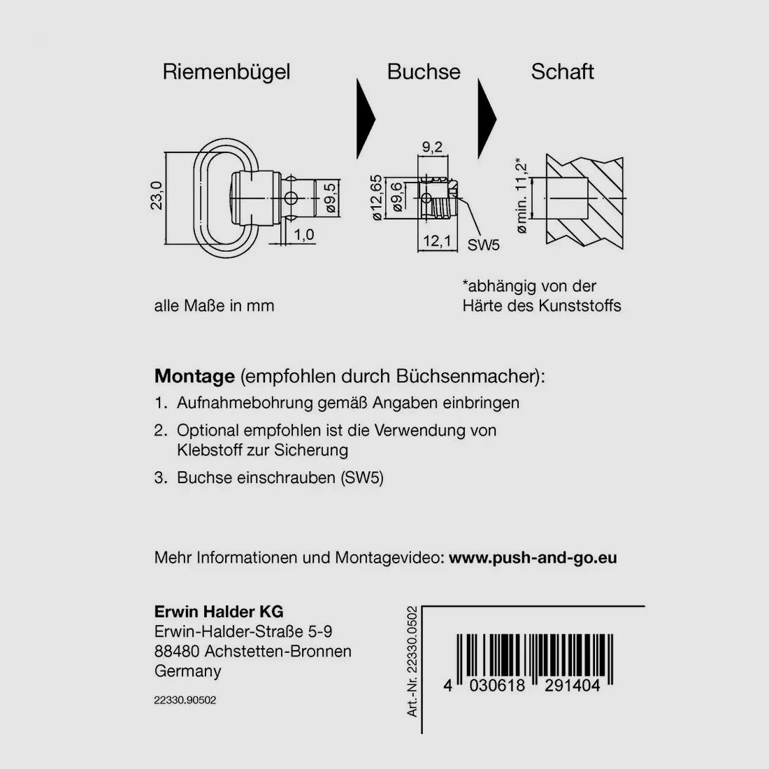 Halder Riemenbügel und Buchse "Push & Go" für Kunststoffschäfte