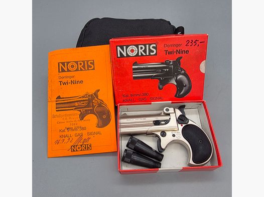 Im Bestzustand in OVP und Pyrobecher Noris Twi Nine Twinny Derringer mit alter Sammler PTB 276 im Cal. 9mm Knall