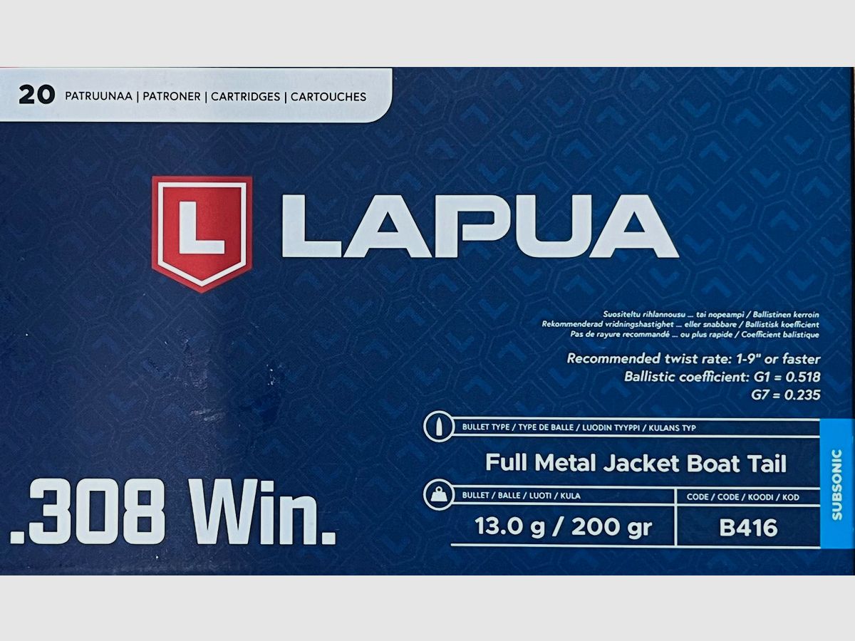 Lapua SUBSONIC .308Win 200grs - 20 disparos
