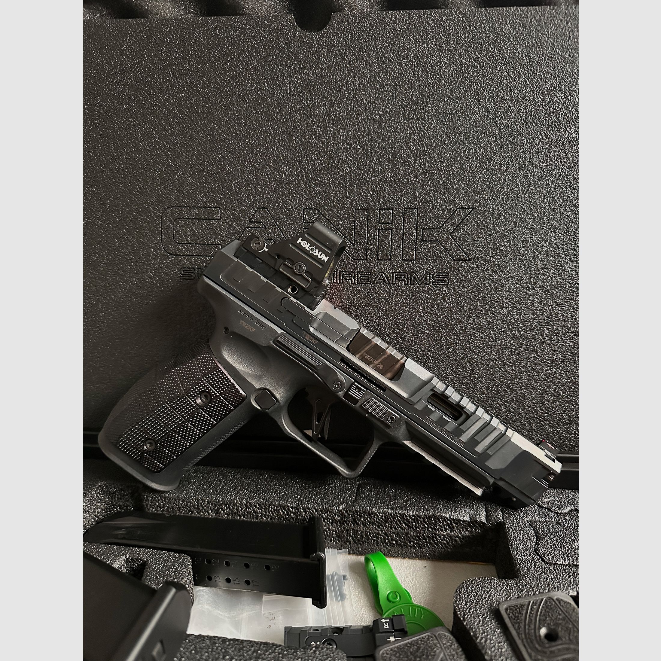 Canik SFx Rival-S with LOK aluminum grip panels, 5 magazines, Wolff springs, original packaging/accessories