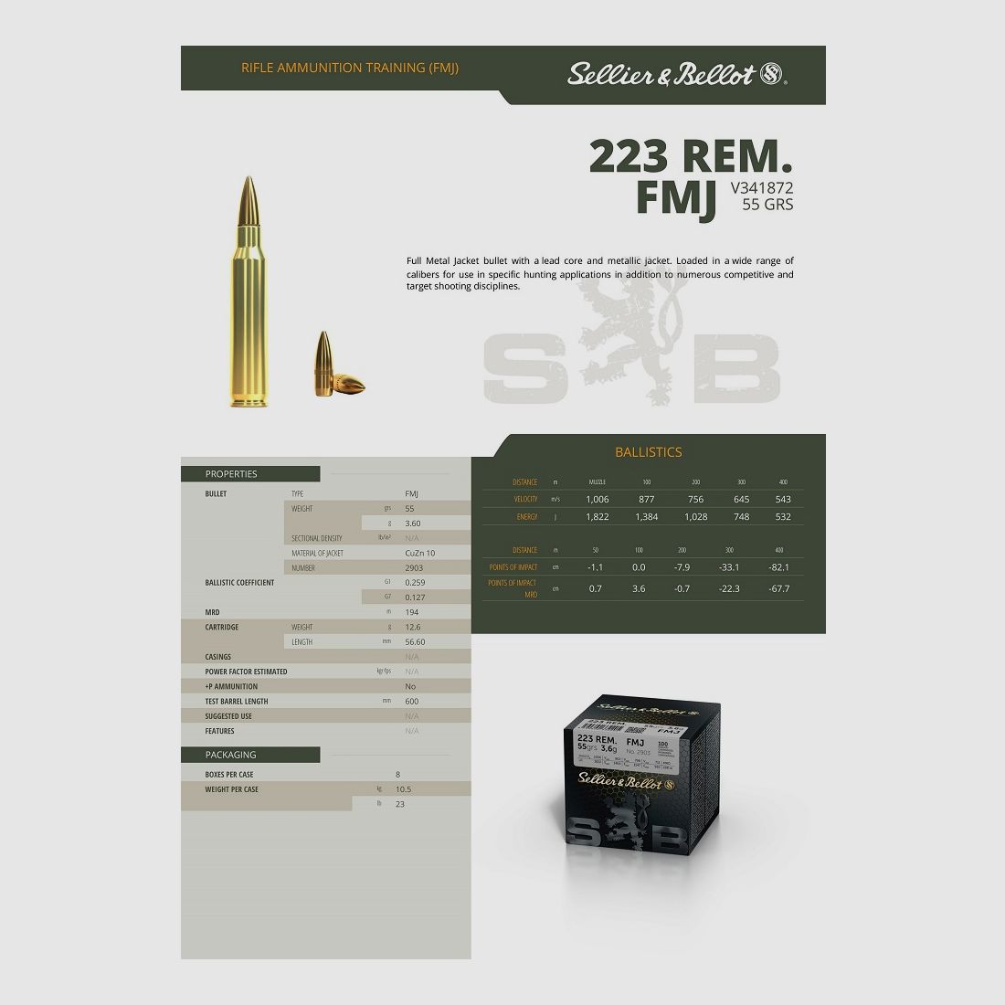 Sellier Bellot Munition Kal. .223 Rem FMJ 55 gr (Schachtel mit 100), Bild 2 von 2