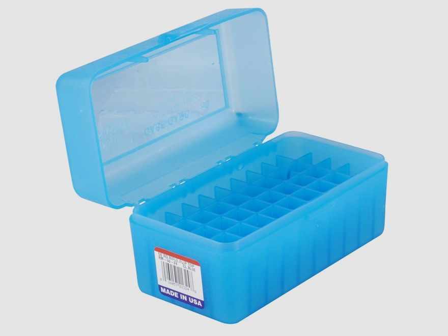 MTM cartridge box RM-50-24 blue clear with flip lid for 50 cartridges .22-250 - .308 and others.