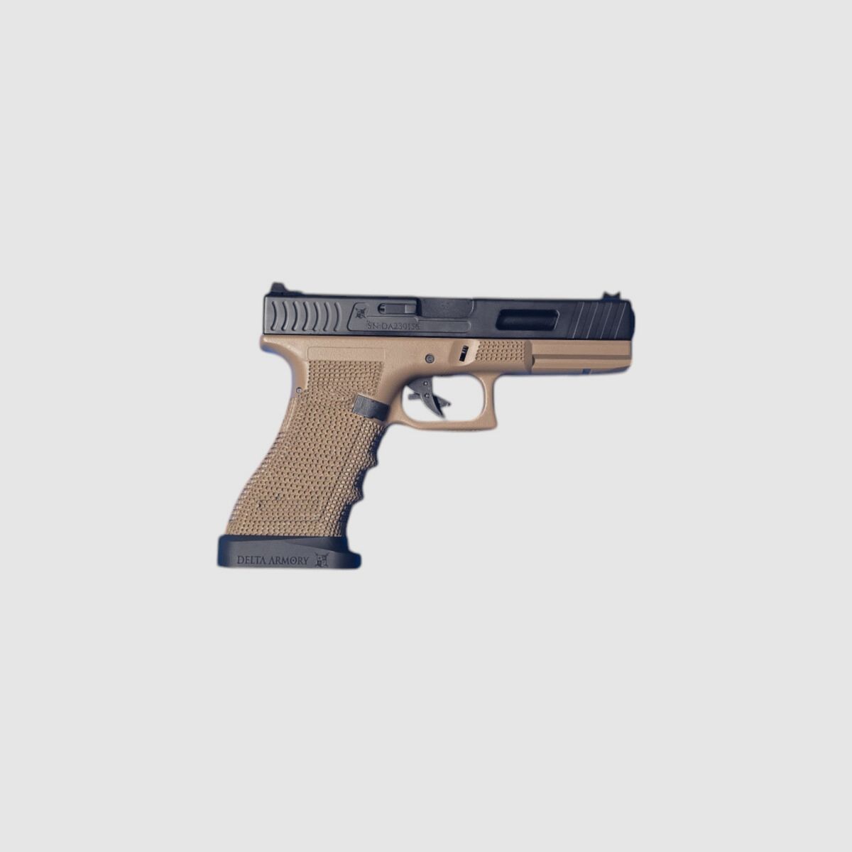 P01 GBB Airsoft Pistol with Grip Stippling in Tan | Delta Armory