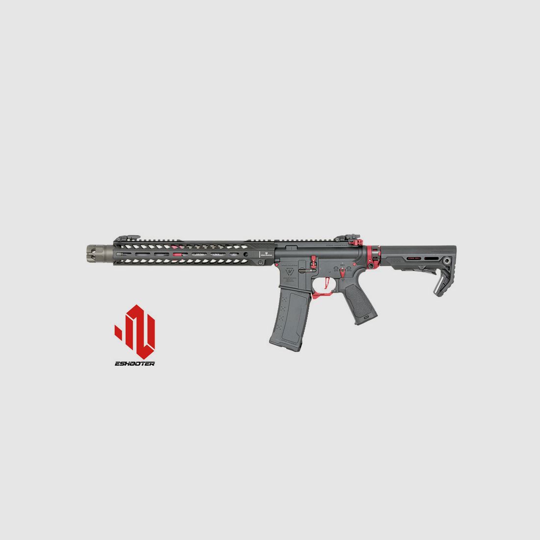 Strike Industries 13.5" Raiders Competition S-AEG Rifle mit Eshooter ETU, rote Elemente
