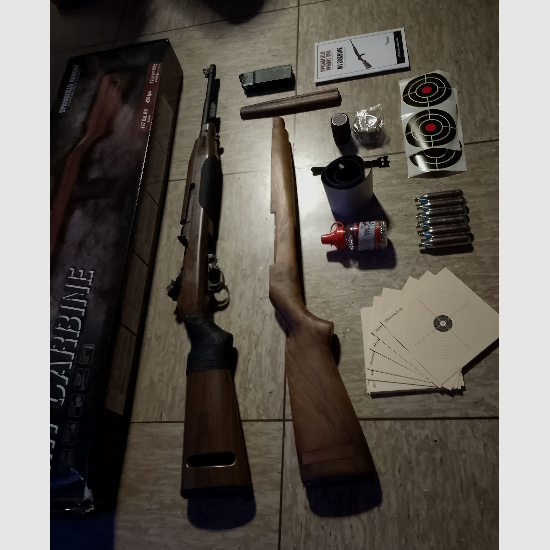  fucile ad aria compressa co2 m1 carbine Springfield 4,5mm .177 + accessori calcio in legno bersagli pallini in acciaio bb's set calcio in legno 30m1 