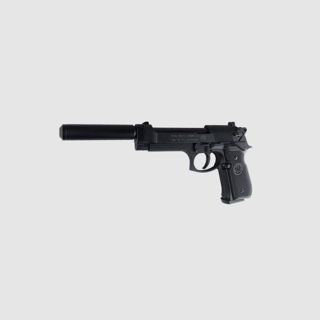 CO2 Pistole M 92 FS schwarz Kunststoffgriffschalen Kaliber 4,5 mm (P18)+ SchalldĂ¤mpfer schwarz Adapter