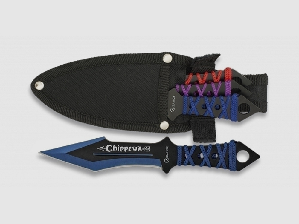 3x cuchillo de lanzamiento de 17 cm con hoja asimétrica envoltura colorida y estuche