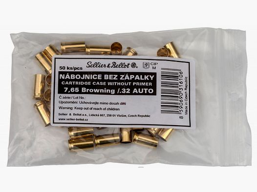 50 Stück S&B | Sellier&Bellot Wiederladehülsen S+B 7,65 Browning .32 Auto | Boxer ohne Zündhütchen