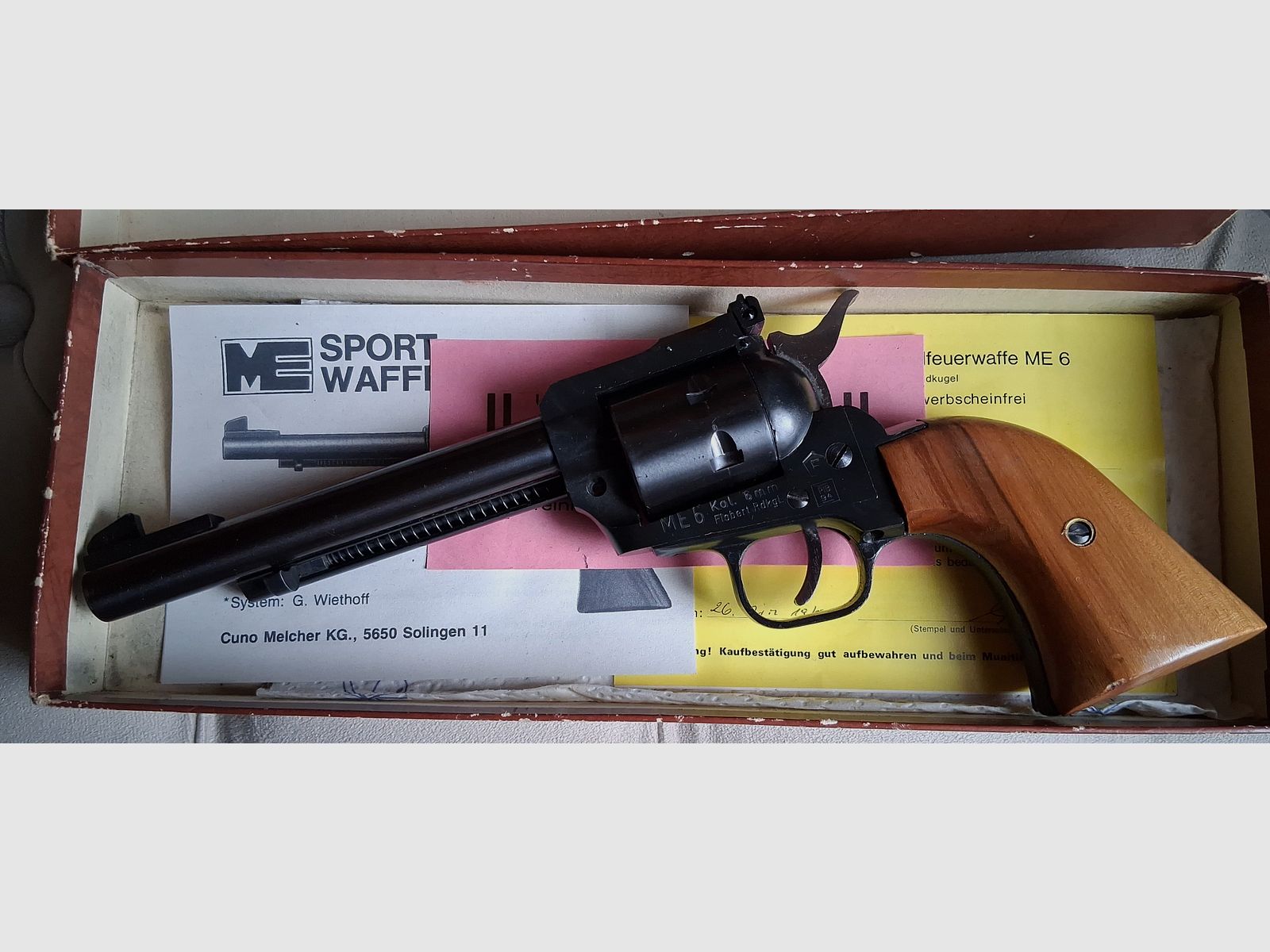 Revolver ME 6 by Cuno Melcher in 6mm Flobert round. No license required, does not count towards the quota