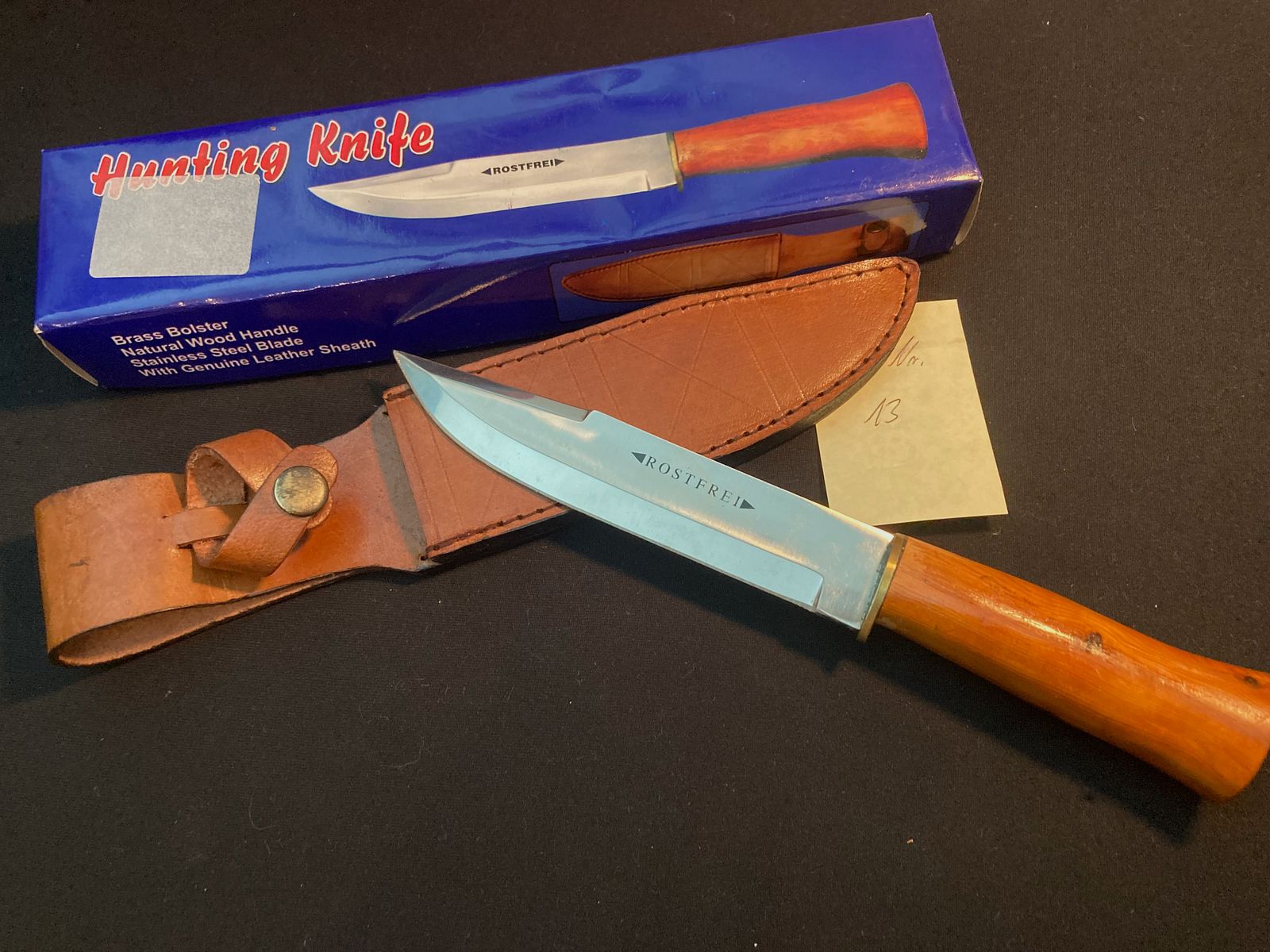 Jagdmesser, Grütemesser mit Lederscheide, ca. 15cm Klingenlänge, 26,5cm Gesamt, Holzgriff, Neu + OVP
