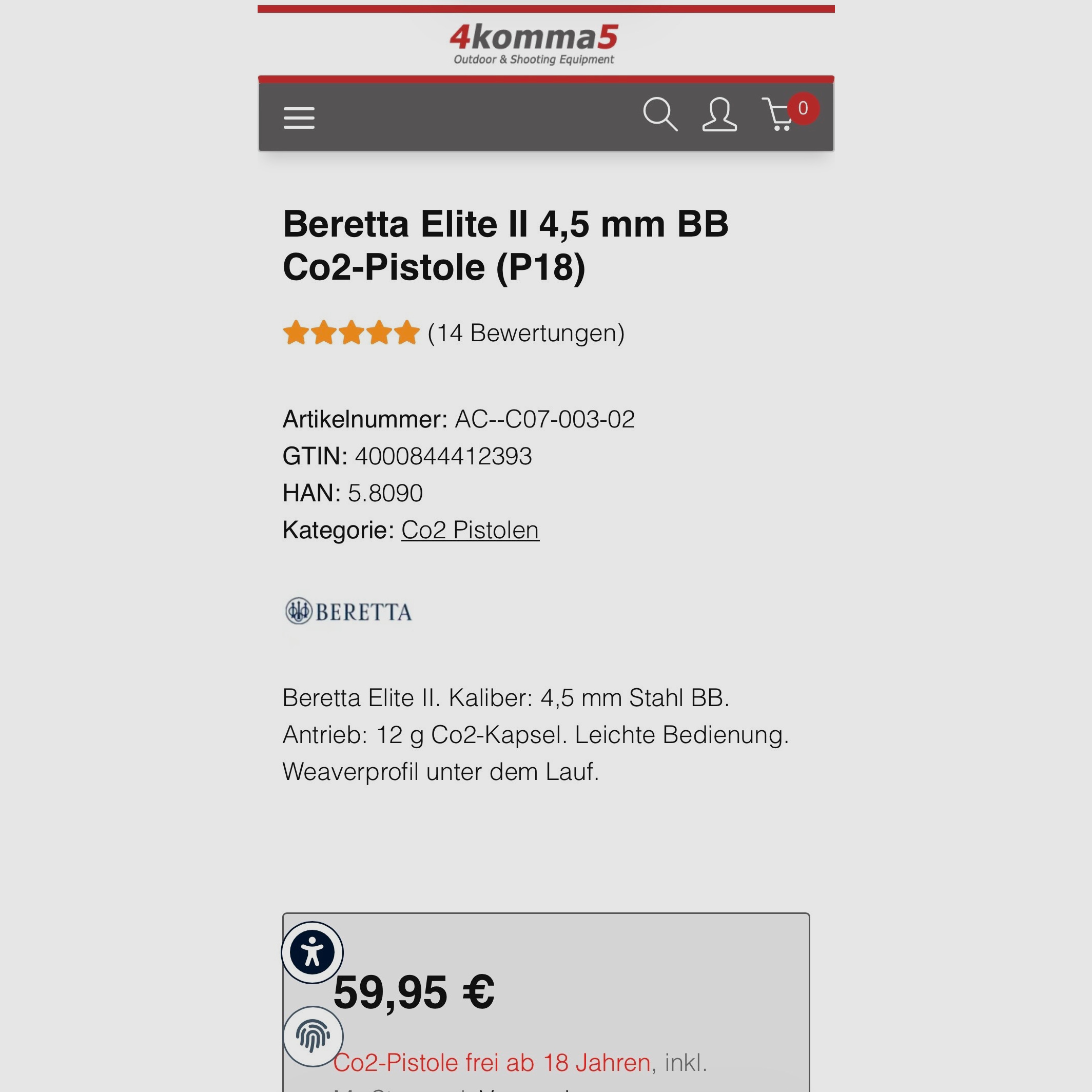 Beretta CO2 Elite II 4.5 mm (3.0 Joule) Neu mit Kugel und Brille