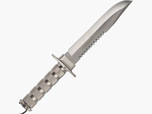 Nóż survivalowy z mocnym ząbkowaniem na grzbiecie