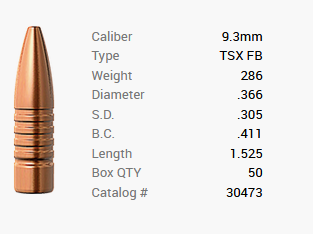 Proiettile Barnes 9,3mm/.366 286GR TSX HP FB 50 pezzi
