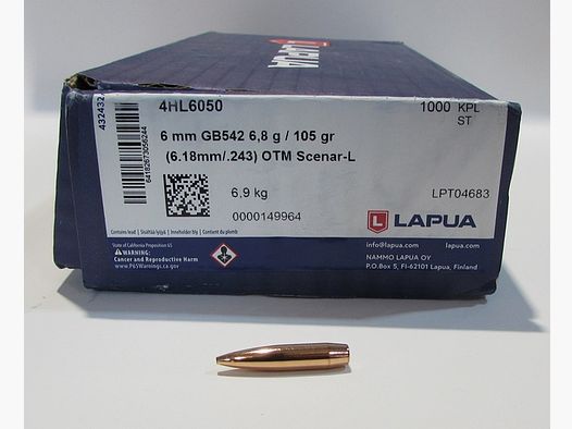 sachet 100 Ogives Lapua cal 6mm OTM Scenar L HPBT 105 grains ref GB542
