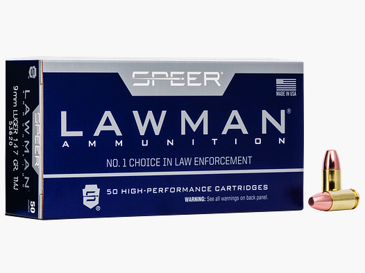 Speer Handgun Ammunition Lawman 9 x 19 9.5g Total Metal Jacket Handgun Training