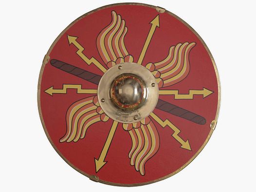 Wooden round combat shield with brass shield boss