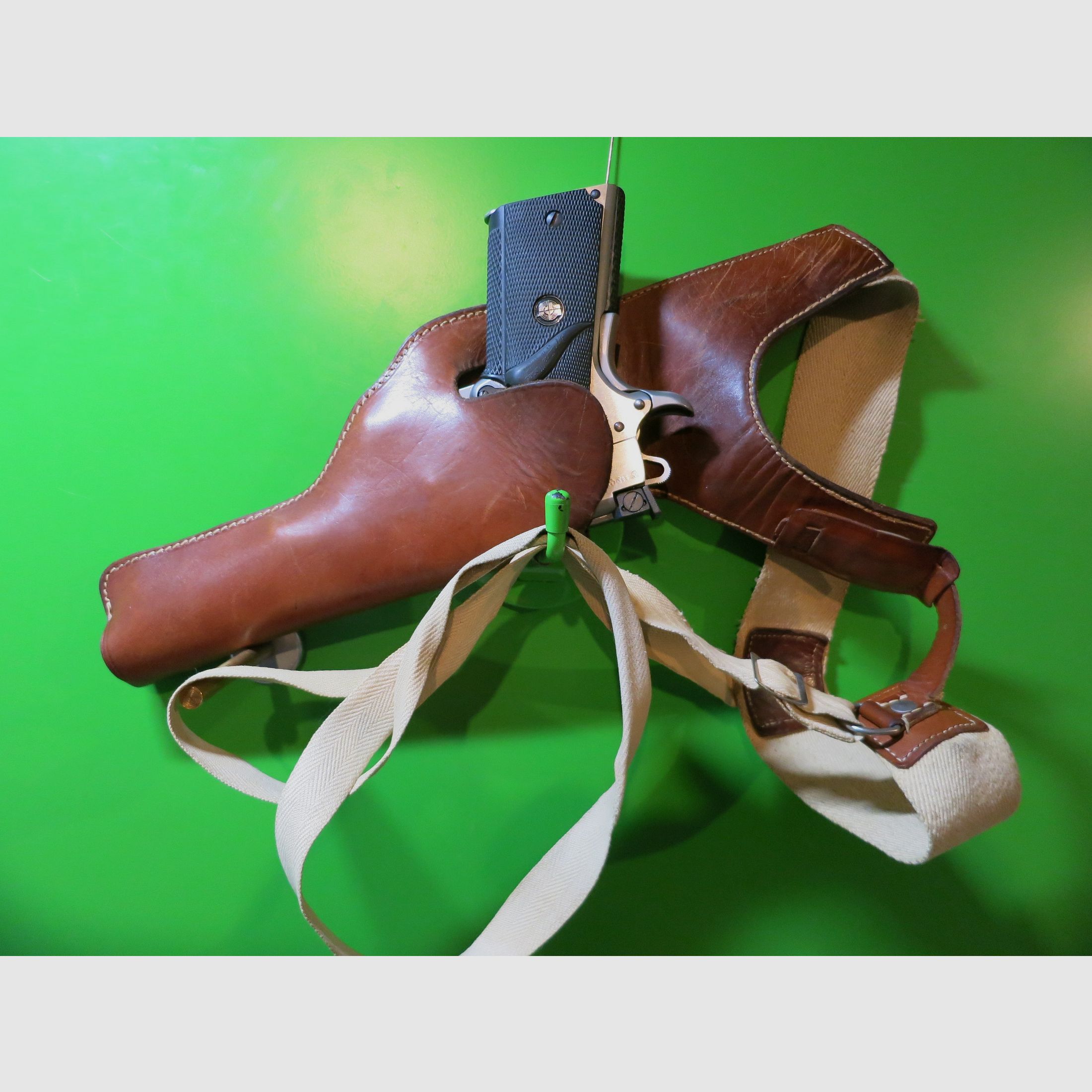 Funda de hombro, revólver + pistola de 6" por ejemplo 1911, cuero + textil (cinta tejida)