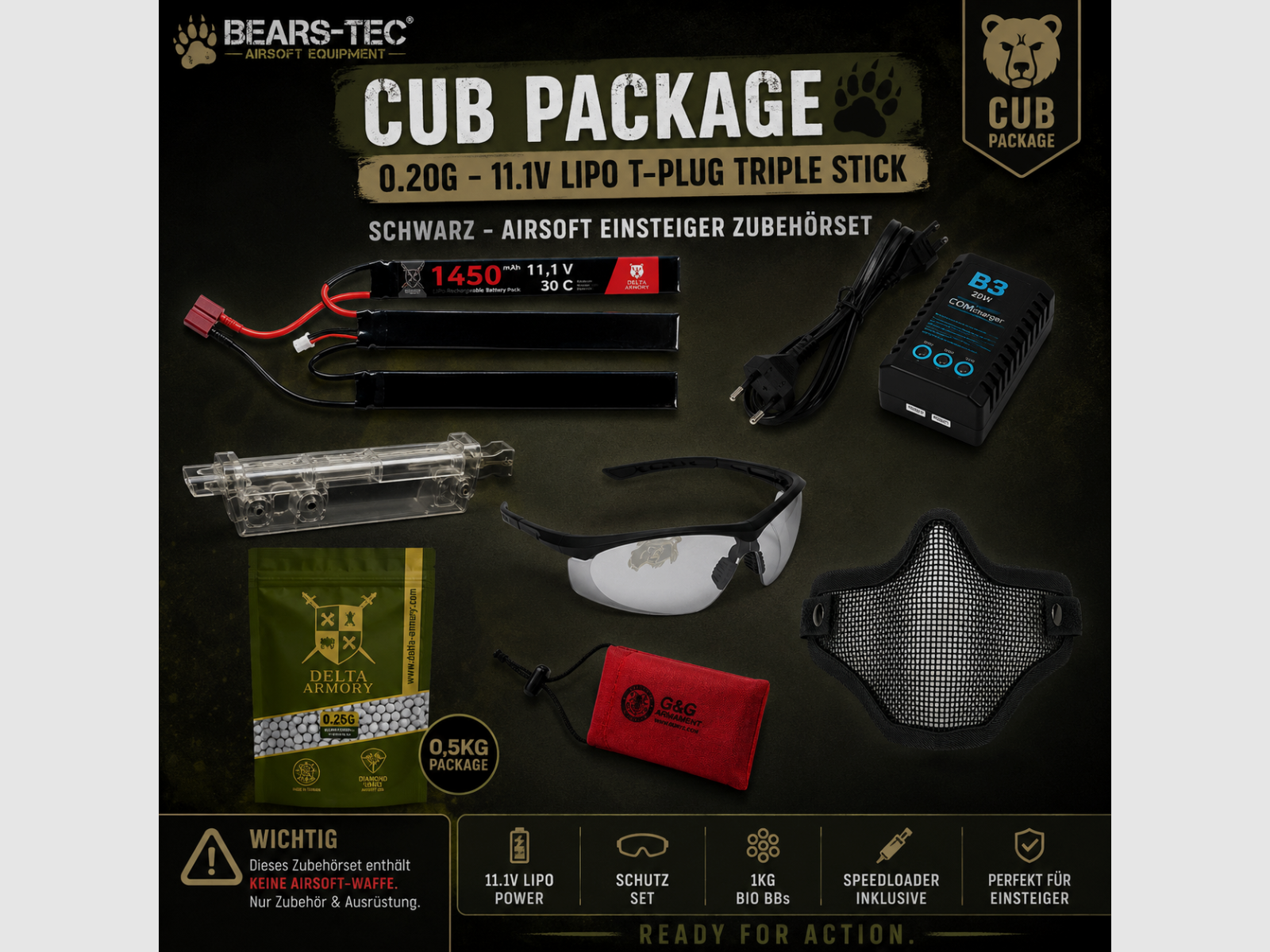 Cub Package 0.20g – 11.1v LiPo T-Plug Triple Stick Negro – Kit de Accesorios para Principiantes para Airsoft, imagen 1 de 8