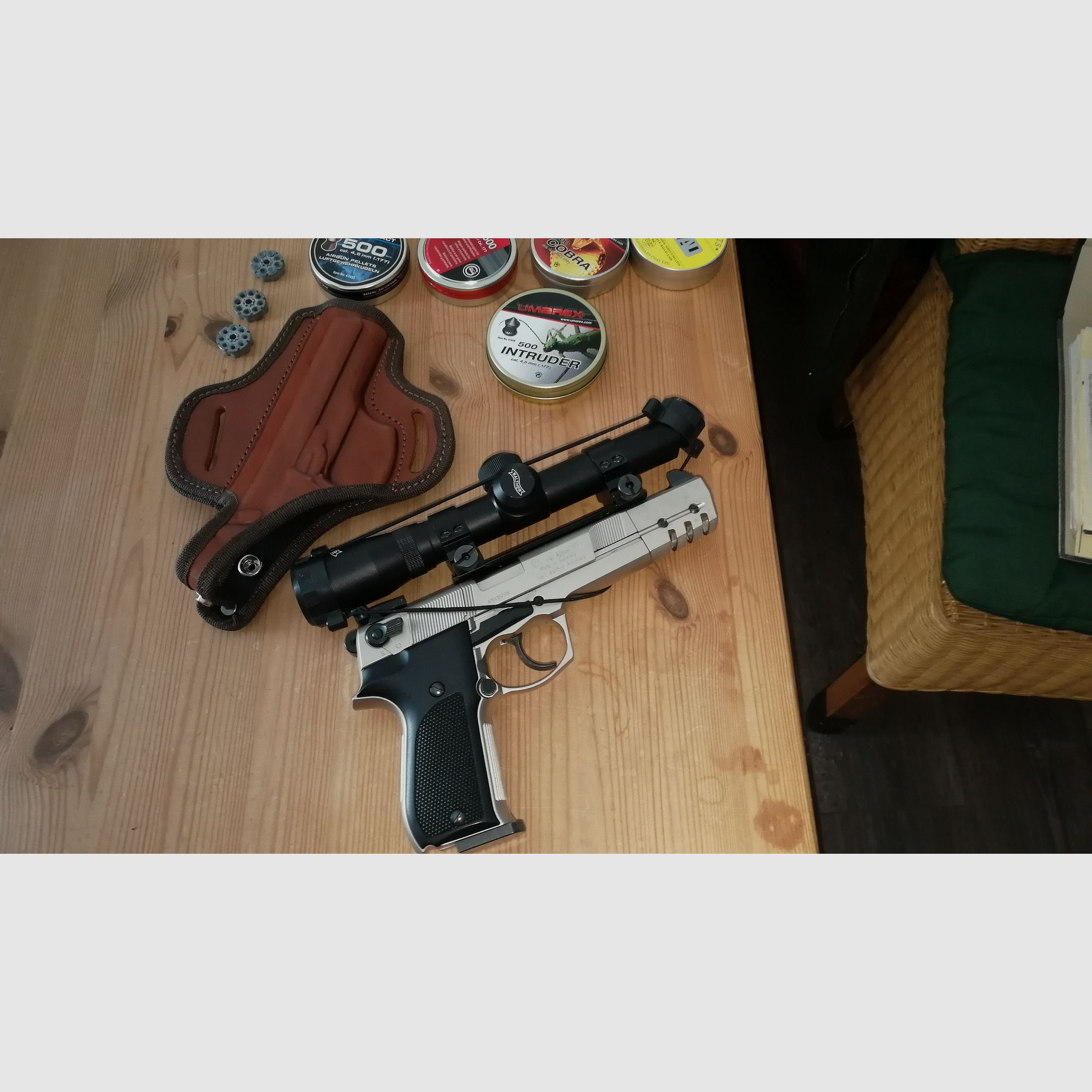 Walther CP 88 "Sniper editie" verchroomde luchtpistool met veel accessoires