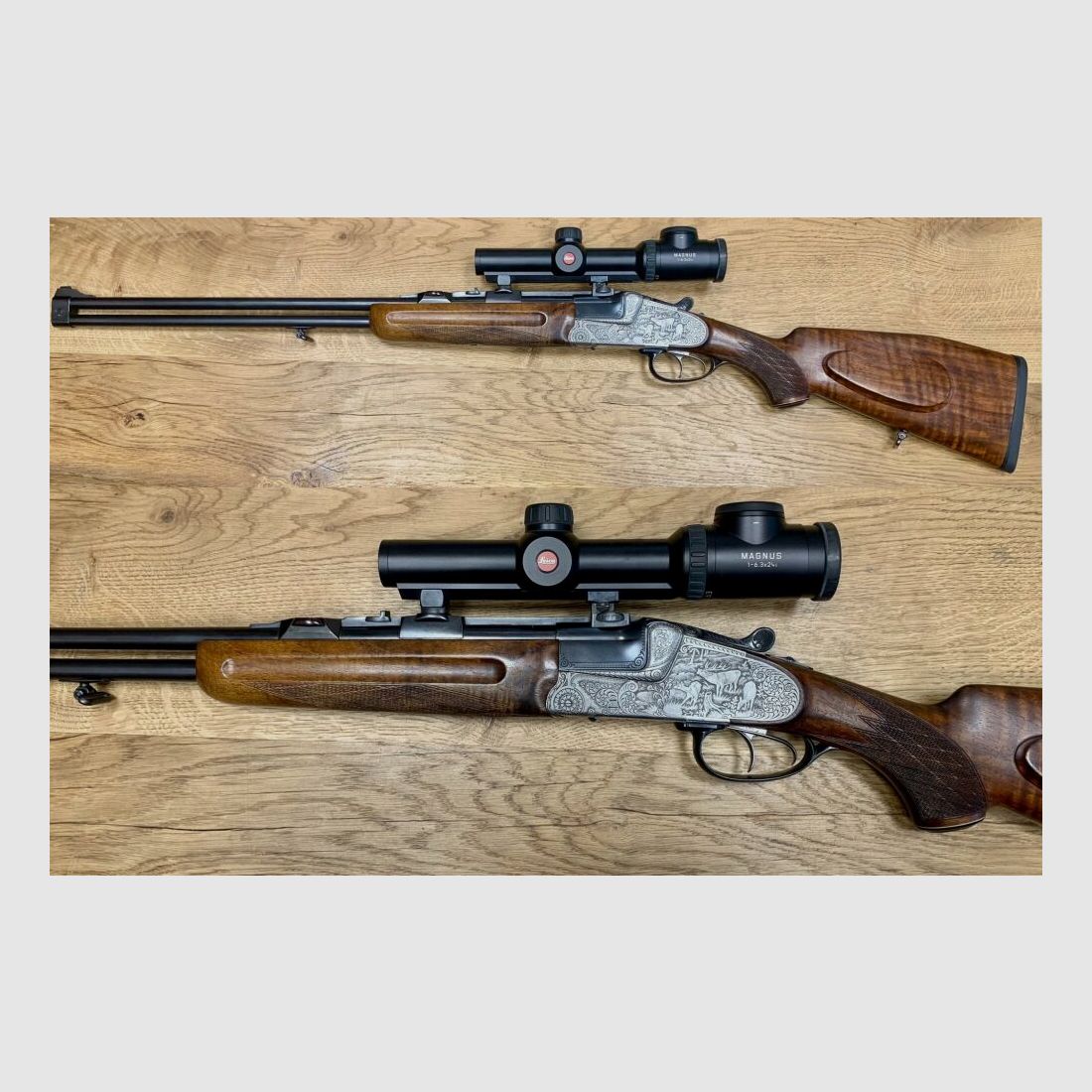 Krieghoff mit Leica Magnus Seitenschloss Doppelbüchse Primus (?)