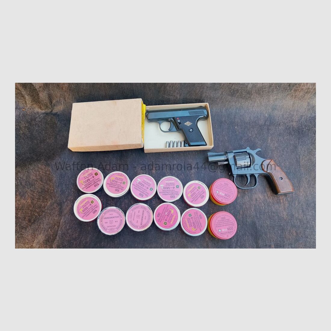 Perfecta Pistole und Melcher Revolver Kundenangebot Konvolut mit Munition