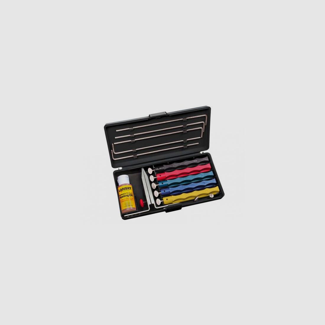 Lansky slijpset, met 5 slijpstenen, zeer grof tot zeer fijn, met klem, geleidestaven, slijpolie, transportdoos