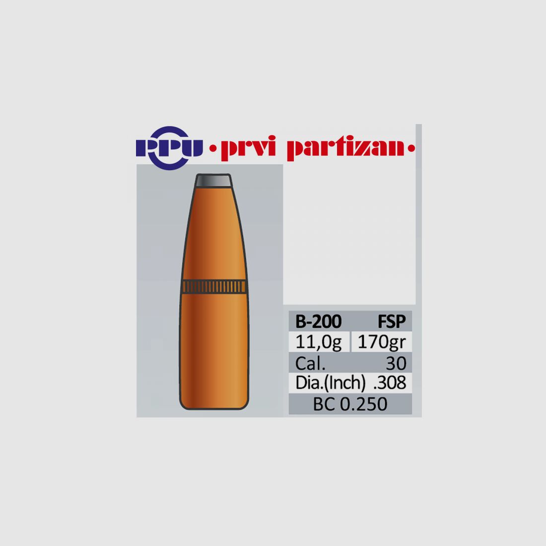 50 Stück PPU | PrviPartizan Geschosse #B-200 - .308(7,62) FSB Teilmantel 170gr/11,0g - FlatSoftPoint