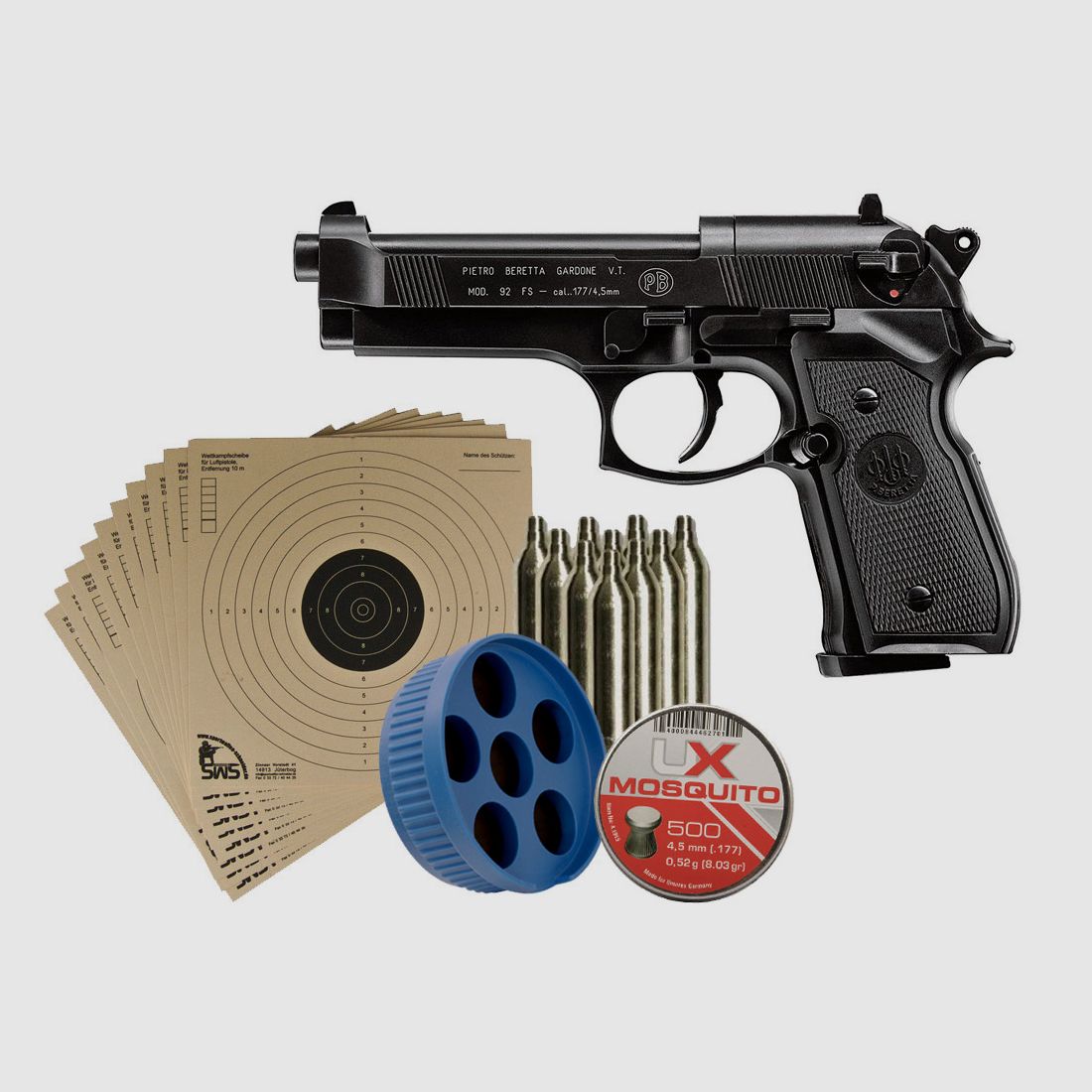 CO2 Pistole Beretta M 92 FS schwarz Kunststoffgriffschalen Kaliber 4,5 mm (P18)+ Diabolos Zielscheiben CO 2 Kapsel Speedloader