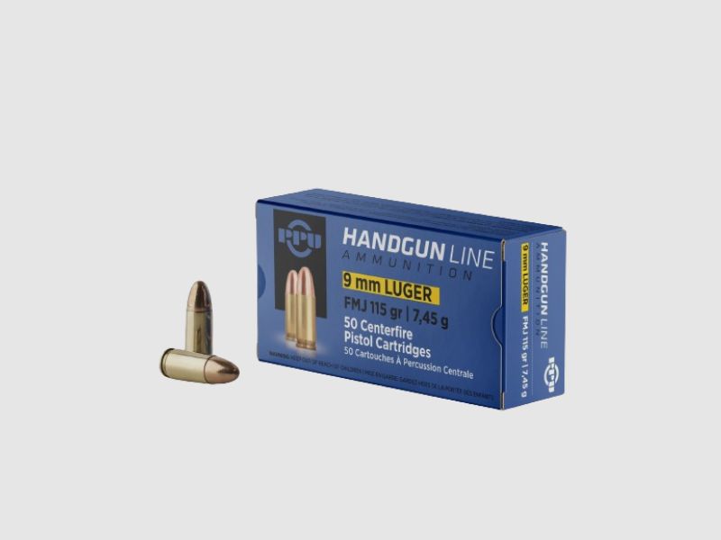 PPU 9MM LUGER FMJ - 115GRS/ 7,45G . - 50 KURZWAFFENPATRONEN