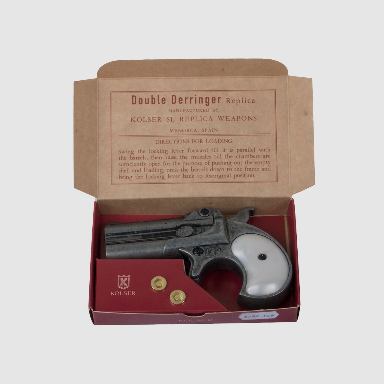 Deko Pistole Kolser Derringer 95 USA 1866 Kaliber .41 altgrau Griffschalen in Perlmuttoptik