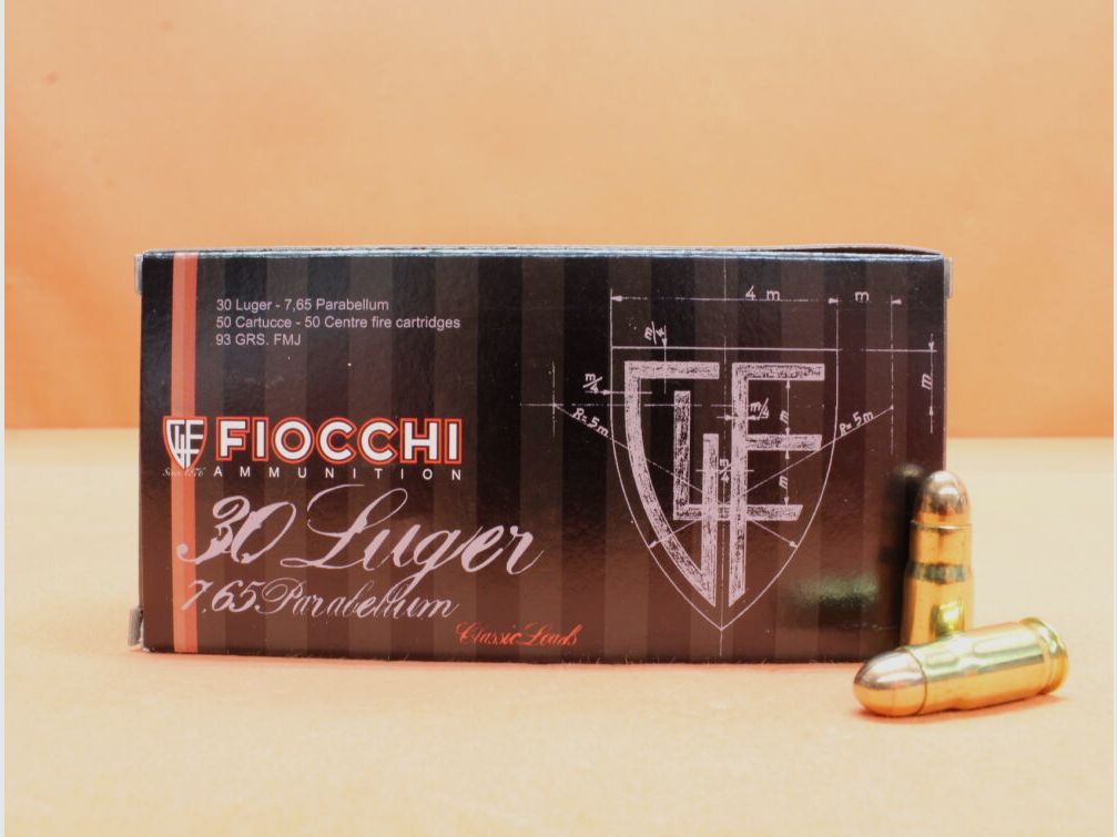 Fiocchi Patrone 7,65mmLuger Fiocchi 93grs FMJ VE 50 Patronen/ 6,03g Vollmantel-Rundkopf (7,65mmParabellum)