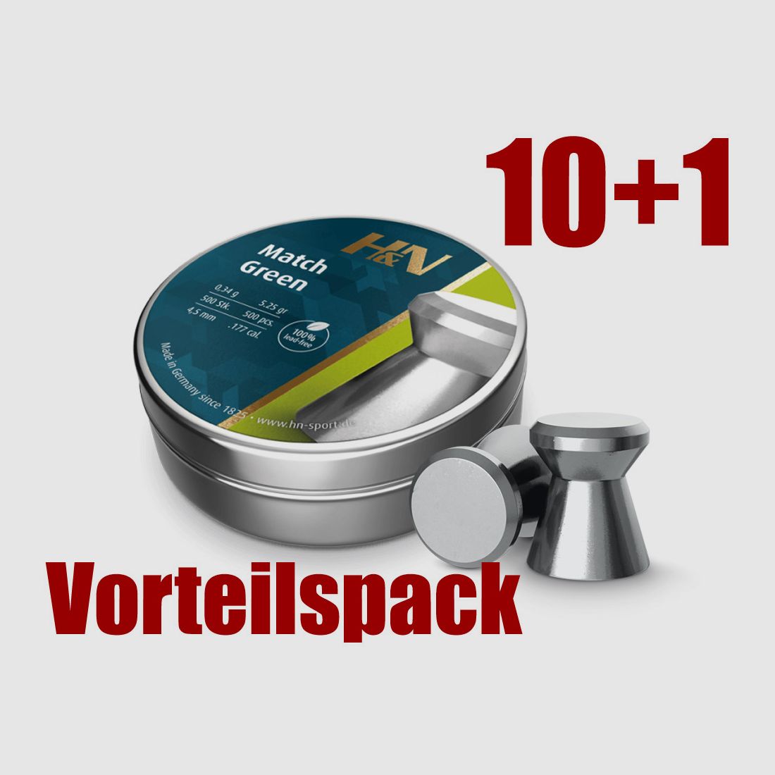 Vorteilspack 10+1 Flachkopf Diabolos H&N Match Green Kaliber 4,5 mm 0,34 g glatt bleifrei 11 x 500 StĂĽck