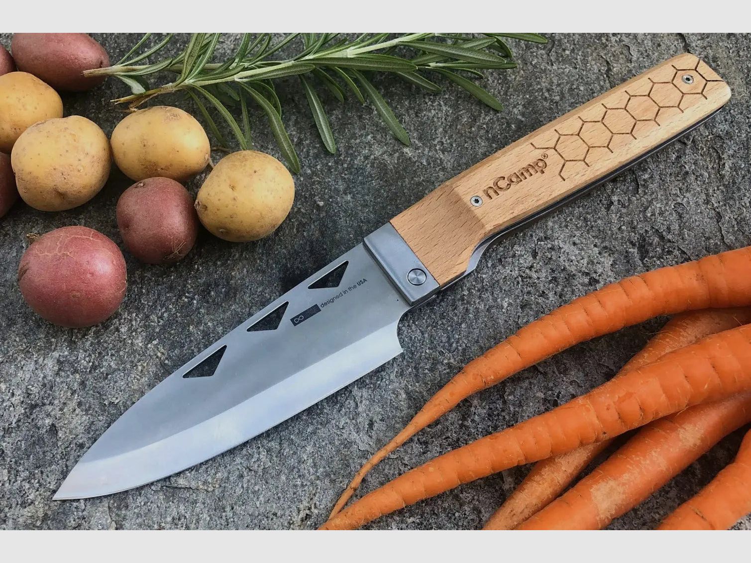 nCamp Premium Kochmesser (9cr18Mov Klinge/Buchengriff) mit Nylontasche