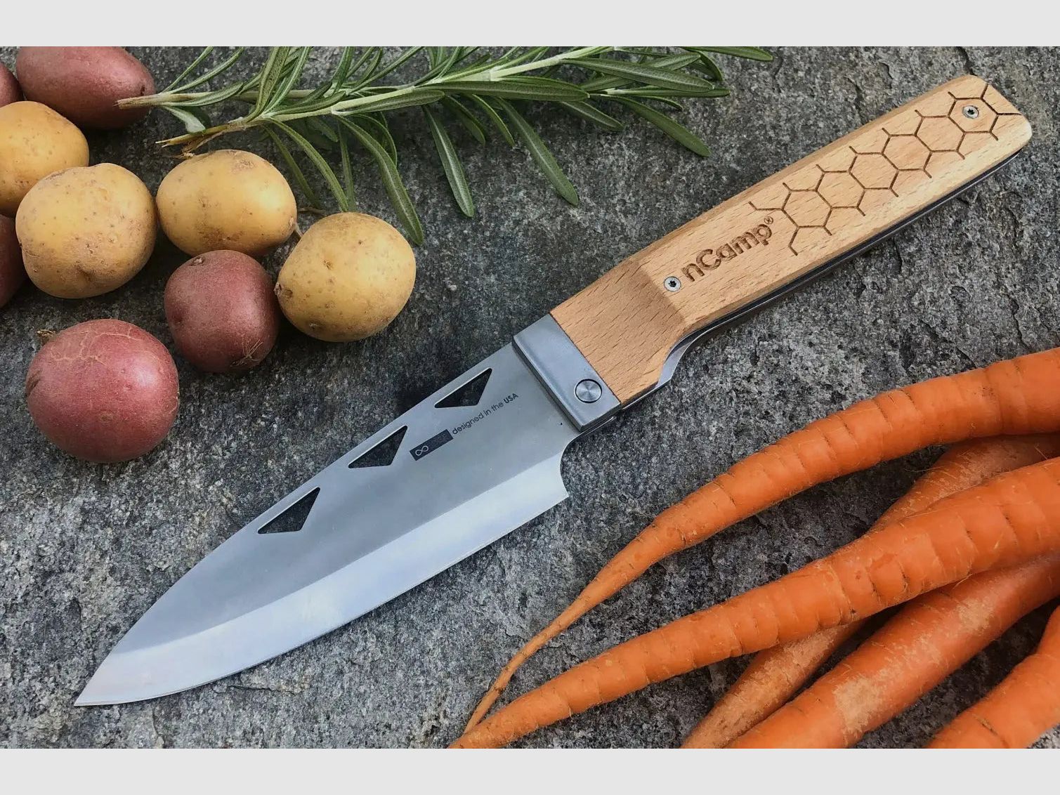 nCamp Premium Kochmesser (9cr18Mov Klinge/Buchengriff) mit Nylontasche