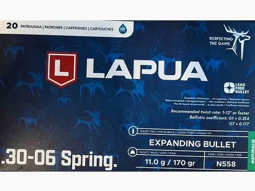 Lapua Naturalis SIN PLOMO .30-06Spring. 170grs - 20 disparos