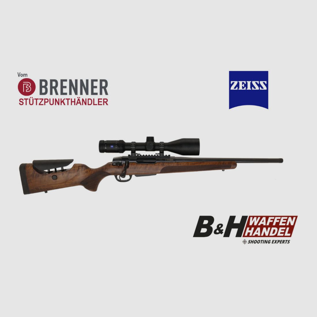 Brenner Komplettpaket: BR20 L.E. (Nussbaum, verstellbarer Schaftrücken) mit Zeiss V6 2.5-15x56