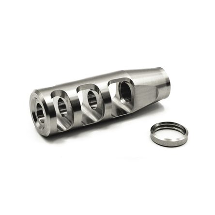 Titanium muzzle compensator for .750 barrel for AR-9 PCC JP Competition Series 3-Port Compensator 1/2-36 TPI .406 Exit 9mm polished titanium