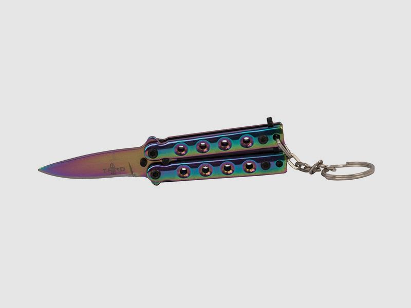 SchlĂĽsselanhĂ¤nger Mini Butterfly Messer Stahl KlingenlĂ¤nge 40 mm rainbow mit SchlĂĽsselring und Kette