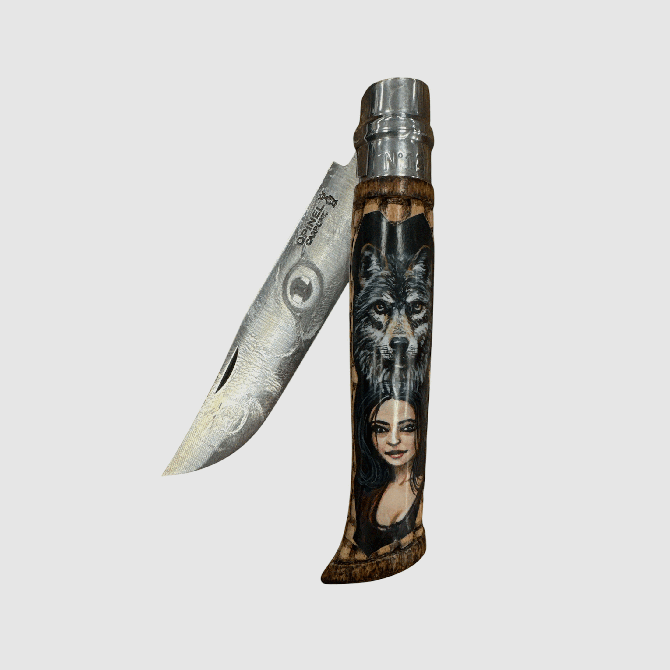 KNIFE – OPINEL – N.12 CARBON HANDMADE WITH WOLF AND WOMAN, image 4 of 6