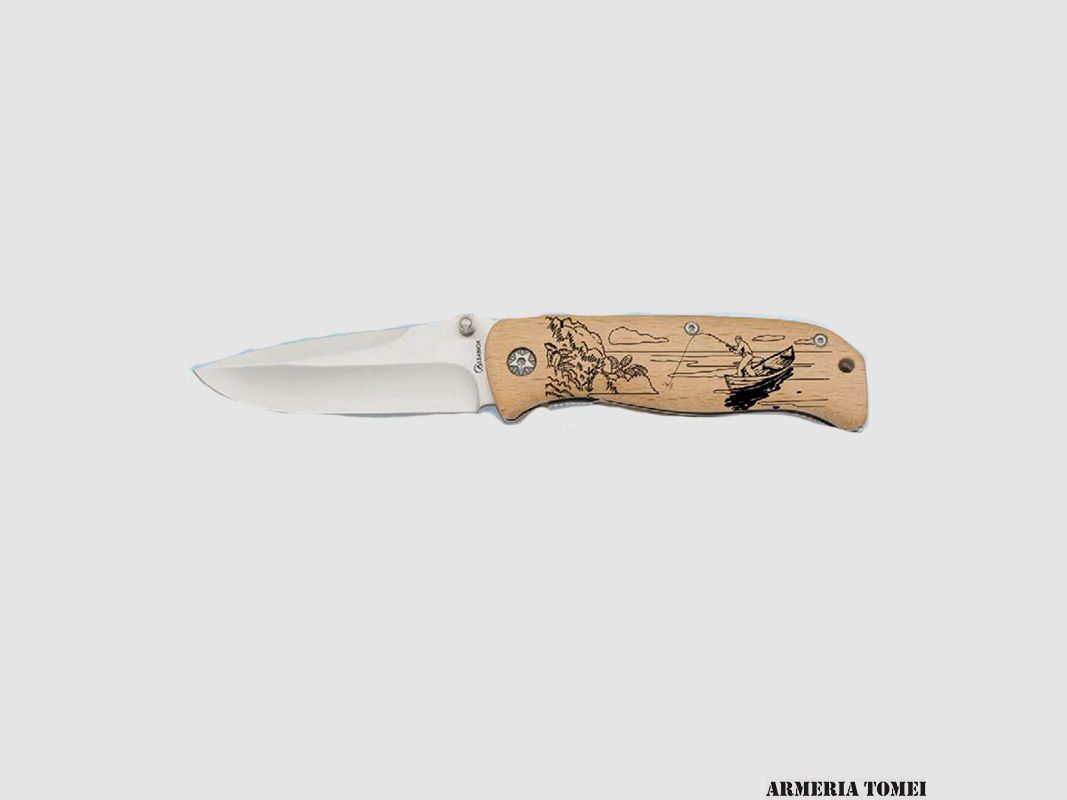 ALBAINOX – Nóż Składany Drewniana Rączka Grawerowany Wędkarz 8,5 cm