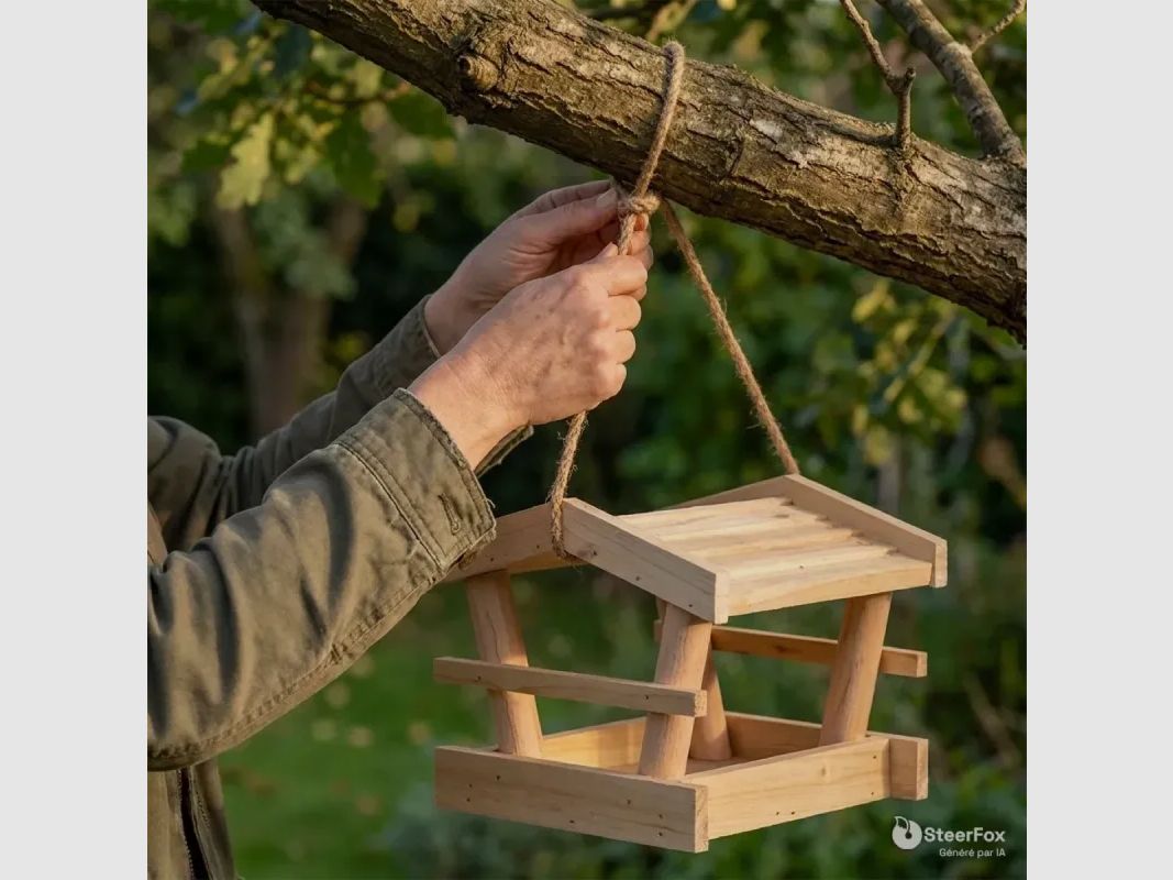 Mangeoire suspendue en bois de pin 19 cm pour oiseaux du jardin, image 1 sur 4