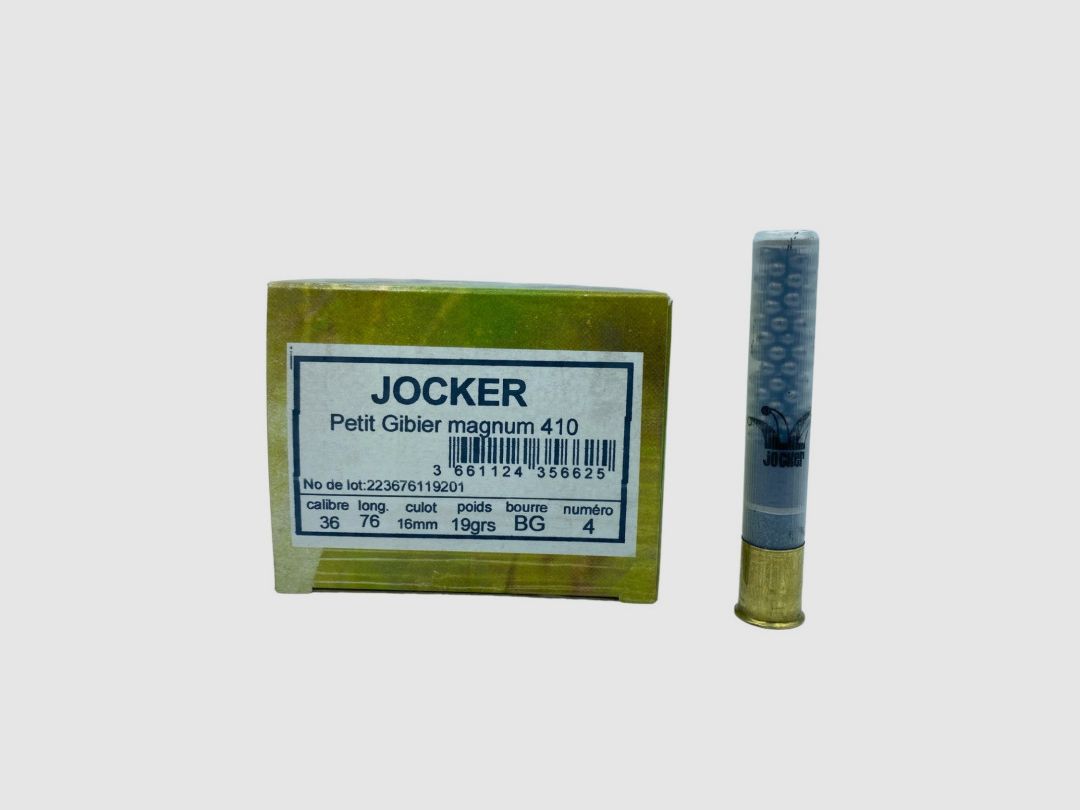 PACKUNG MIT 25 PATRONEN JOCKER KLEINER KALIBER 19G FETTUNG CAL.410/76 BLEI 4