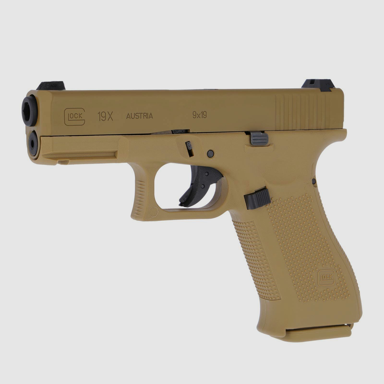 Komplettset Glock 19X Softair-Pistole Coyote Kaliber 6 mm BB  Gas Blowback (P18)