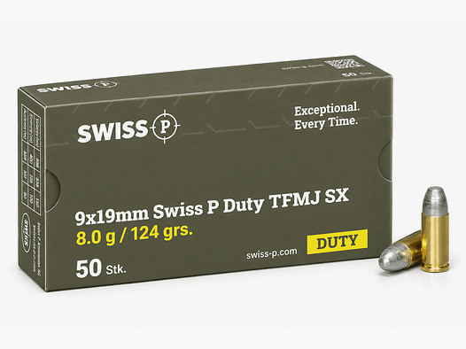 9x19mm Swiss P Duty FMJ SX 8.0g / 124grs. – 50 pz.