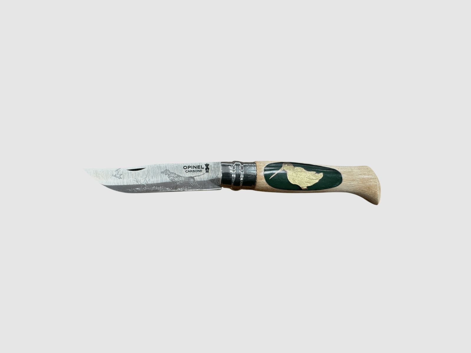 COLTELLO – OPINEL – N.9 CARBONE REALIZZATO A MANO CON BECCACCIA+PIUMA, immagine 1 di 3