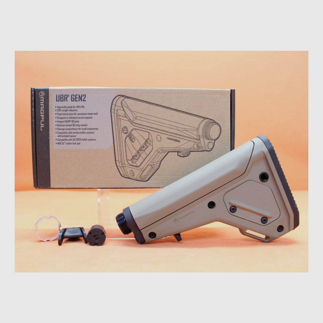 Magpul AR-15: Buttstock Magpul UBR 2.0 (MAG482-FDE) Utility/Battle Rifle Stock Polymer Flat Dark Earth