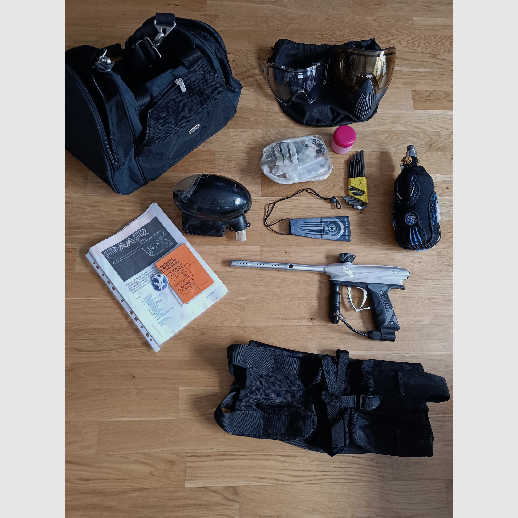 Proto PMR 7, paintball marker with various equipment