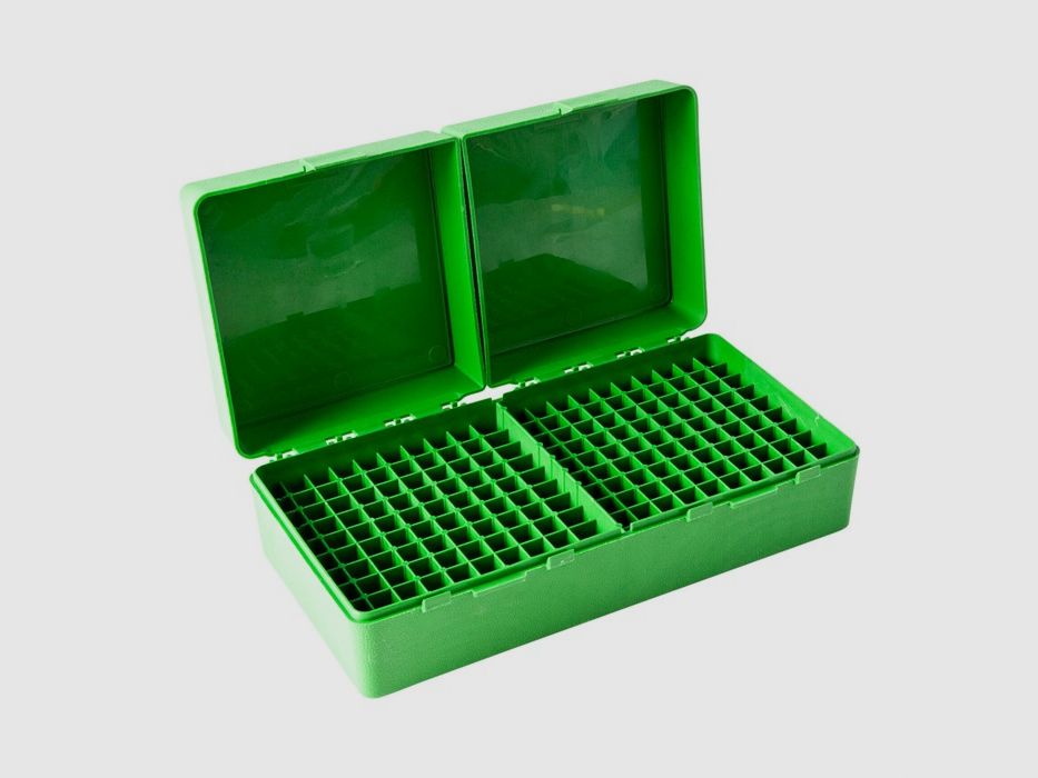 Caja de cartuchos MTM RS-200-10 verde con tapa abatible para 200 cartuchos .223 y otros.