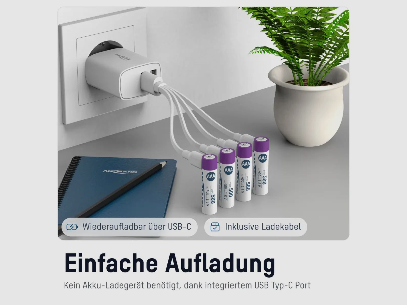 Ansmann batterie Li-Ion AAA confezione da 4 con cavo di ricarica