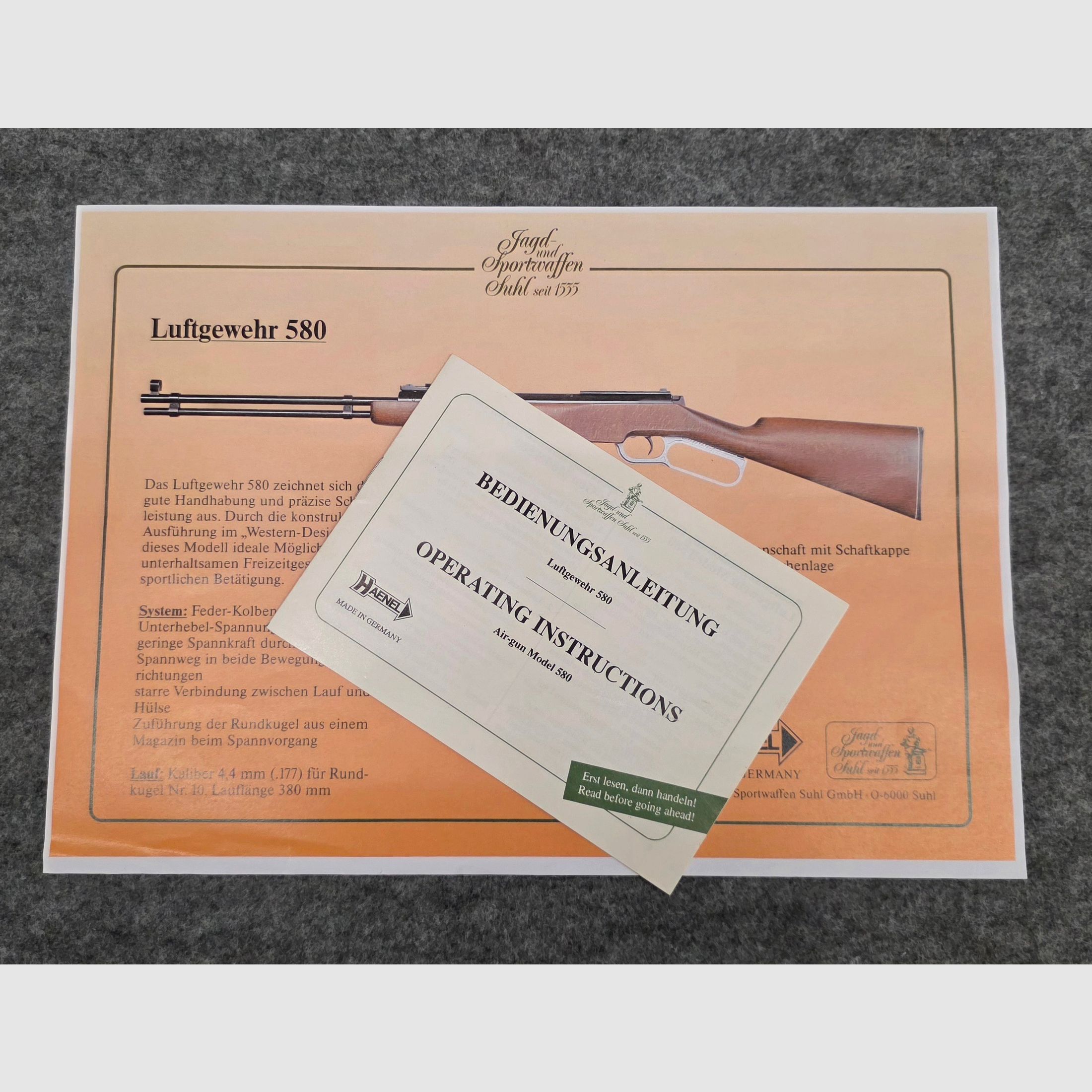 Price reduced!!! With advertising leaflet & instruction manual!!! Rare Suhl underlever Western air rifle Haenel Mod. 580 in very good condition